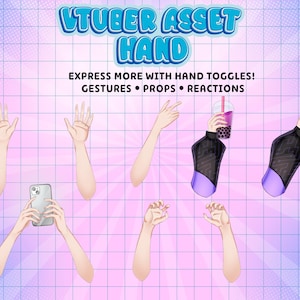 VTuber hand asset showcase featuring custom Live2D hand toggles, gestures, props, phone poses, and reaction animations for Twitch streaming, PNGTuber avatars, and VTube Studio