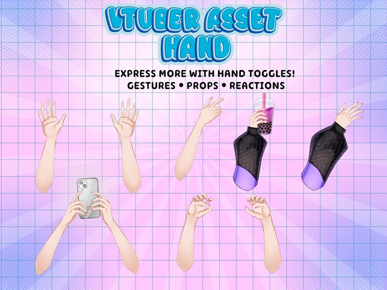 VTuber hand asset showcase featuring custom Live2D hand toggles, gestures, props, phone poses, and reaction animations for Twitch streaming, PNGTuber avatars, and VTube Studio