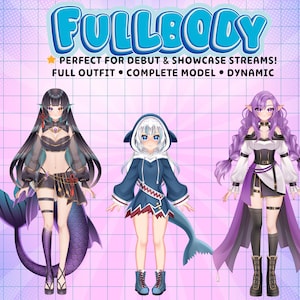 Fullbody VTuber showcase featuring fantasy anime Live2D avatars with complete outfits, detailed character designs, and dynamic full body models for Twitch streaming, PNGTuber, and VTube Studio