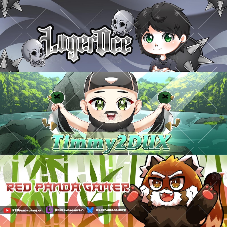 K&ouml;nnte beinhalten: Ein digitales Banner-Set mit drei verschiedenen Designs. Das erste zeigt den Text LugerOce mit Totenk&ouml;pfen und einer Figur. Das zweite zeigt Timmy2DUX mit einer Figur, die zwei Enten h&auml;lt. Das dritte zeigt RED PANDA GAMER mit einem roten Panda.