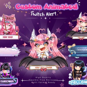 Alertes Chibi animées personnalisées pour Twitch | Alertes de stream mignon Chibi | Alertes personnalisées Twitch et YouTube VTuber, Chibi, Icône, Alerte de flux de texte