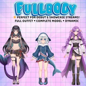Fullbody VTuber showcase featuring fantasy anime Live2D avatars with complete outfits, detailed character designs, and dynamic full body models for Twitch streaming, PNGTuber, and VTube Studio