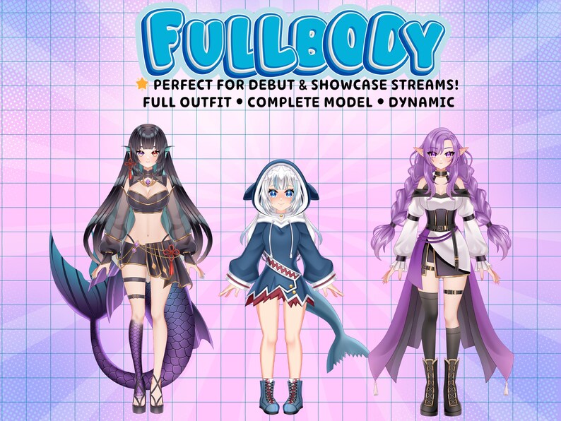 Fullbody VTuber showcase featuring fantasy anime Live2D avatars with complete outfits, detailed character designs, and dynamic full body models for Twitch streaming, PNGTuber, and VTube Studio