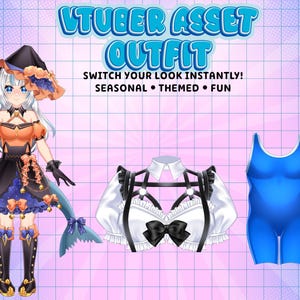 VTuber outfit asset showcase featuring custom anime clothing and seasonal costume designs for Live2D avatars, including Halloween themed outfits, maid tops, and alternate clothing for Twitch streaming and VTube Studio
