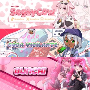 K&ouml;nnte beinhalten: Ein digitales Banner-Set mit drei verschiedenen Illustrationen im Anime-Stil. Das obere Feld zeigt den Text SegsyCow mit einer Figur im Kuh-Design. Das mittlere Feld zeigt Soda Vigilante mit einer Figur, die Soda trinkt. Das untere Feld zeigt den Text BUNCHI mit einer Figur, die einen Game-Controller h&auml;lt.