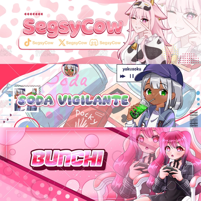 K&ouml;nnte beinhalten: Ein digitales Banner-Set mit drei verschiedenen Illustrationen im Anime-Stil. Das obere Feld zeigt den Text SegsyCow mit einer Figur im Kuh-Design. Das mittlere Feld zeigt Soda Vigilante mit einer Figur, die Soda trinkt. Das untere Feld zeigt den Text BUNCHI mit einer Figur, die einen Game-Controller h&auml;lt.
