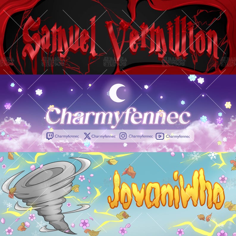 K&ouml;nnte beinhalten: Eine digitale Banner-Collage mit drei verschiedenen Abschnitten. Oben steht der rote Schriftzug Samuel Vermillion auf dunklem Hintergrund. In der Mitte ist Charmyfennec in wei&szlig;er Schrift mit Social-Media-Symbolen zu sehen. Unten befinden sich ein grauer Tornado und der orangefarbene Schriftzug Jovaniwho.
