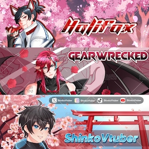 May include: A digital banner set featuring three anime-style character illustrations. The first shows a character with a mask and the text Halifax. The second features a red-haired character with wings and the text GEARWRECKED. The third shows a character with a torii gate and the text ShinkoVtuber.