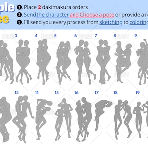 Couple Anime Dakimakura Pose Reference Sheet for Custom Body Pillow Commission | Romantic Waifu & Husbando Hug Pillow Pose Guide | Personalized Anime Couple Dakimakura Design with 20 Cute Couple Pose Options