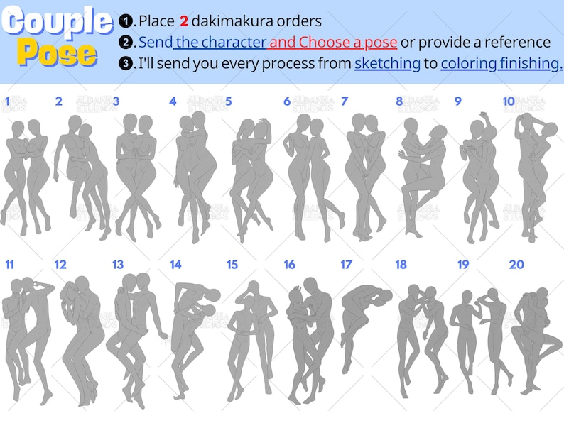Couple Anime Dakimakura Pose Reference Sheet for Custom Body Pillow Commission | Romantic Waifu & Husbando Hug Pillow Pose Guide | Personalized Anime Couple Dakimakura Design with 20 Cute Couple Pose Options