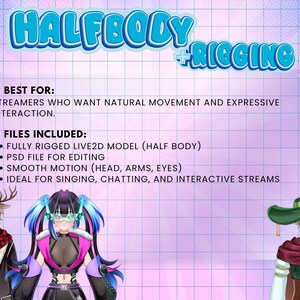 Custom halfbody VTuber models with Live2D rigging, expressive anime character movement, PSD editing files, and VTube Studio ready assets for Twitch and YouTube creators