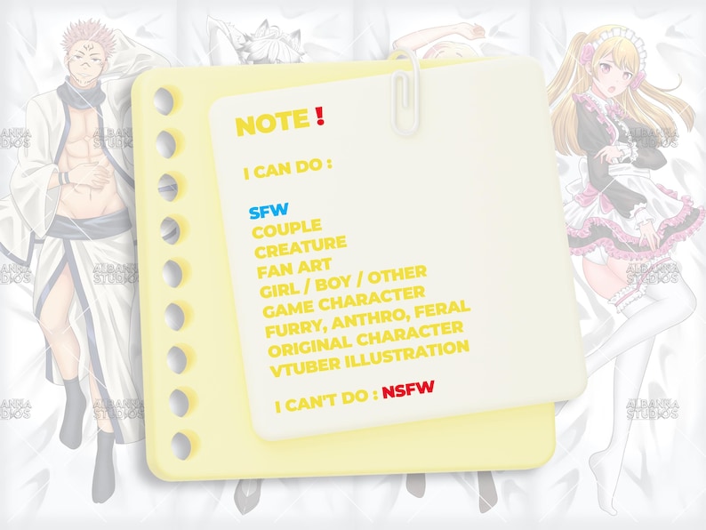 Anime Dakimakura Commission Information Sheet Featuring Custom Waifu, Husbando, Furry, VTuber, and Original Character Body Pillow Art | Personalized Anime Hug Pillow Cover Service with SFW Only Options