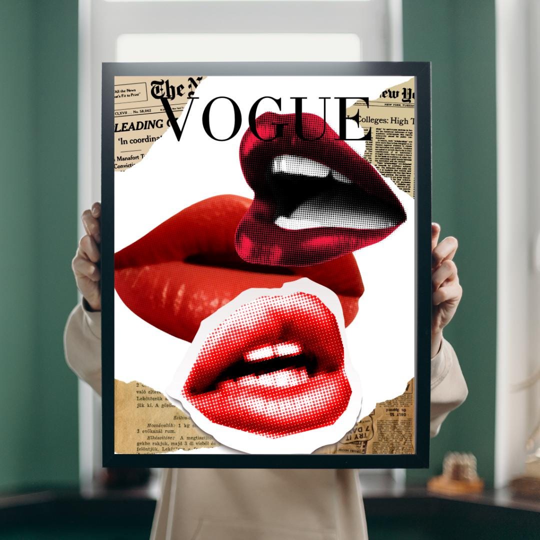 Pop Art Vogue Lips Poster - Retro Newspaper Collage Wall Art