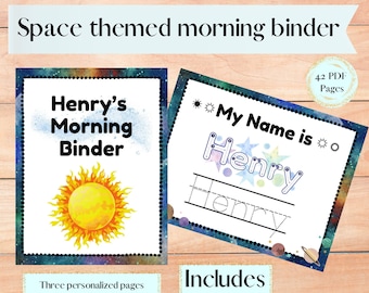 May include: A space-themed printable morning binder with 42 pages. The cover features a sun and a galaxy background. The title is "Henry's Morning Binder". The binder includes personalized pages, activity pages, cut-out pages, and a cover page.