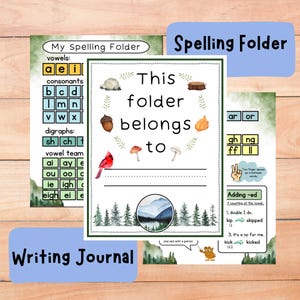 May include: A printable spelling folder with a woodland theme. The folder has a title that says "This folder belongs to" with a line for a name. The folder also includes a vowel team chart, consonant chart, digraph chart, and a section for adding -ed to words.