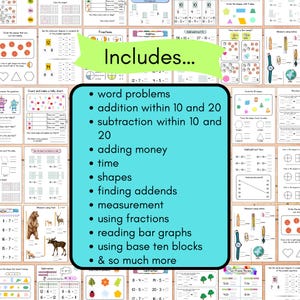 May include: A colorful image with a blue background and white text that says "Includes..."  The text lists various math skills and concepts, including word problems, addition, subtraction, time, shapes, measurement, fractions, and bar graphs.  The image is divided into a grid of smaller images, each showing a different math worksheet.