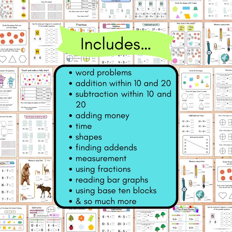 May include: A colorful image with a blue background and white text that says "Includes..."  The text lists various math skills and concepts, including word problems, addition, subtraction, time, shapes, measurement, fractions, and bar graphs.  The image is divided into a grid of smaller images, each showing a different math worksheet.