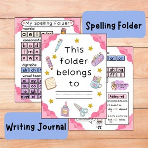 May include: A pink and blue printable spelling folder with the text "This folder belongs to" and a space for a name. The folder includes a list of vowels, consonants, digraphs, and vowel teams. It also includes a section for adding the -ed ending to words.