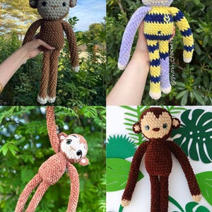 May include: Four handmade crochet monkey dolls in various colors. One is brown, another is purple and yellow striped, a third is hanging from a branch, and the last is dark brown. Each monkey has a unique design and expression.