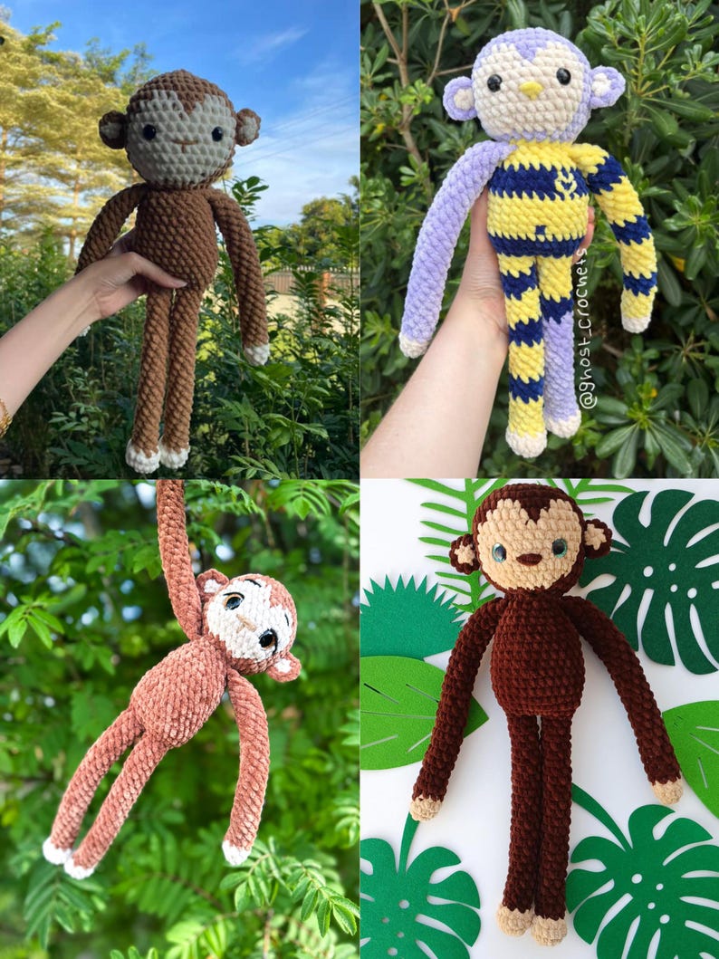 May include: Four handmade crochet monkey dolls in various colors. One is brown, another is purple and yellow striped, a third is hanging from a branch, and the last is dark brown. Each monkey has a unique design and expression.