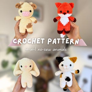 4-in-1 No-Sew Chubby Animals Crochet Pattern | Amigurumi Bunny, Cow, Fox, and Calico Cat Plushies Digital Tutorial Download Bundle