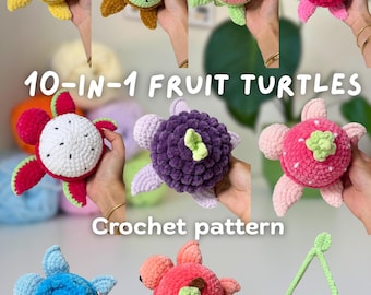10-in-1 Fruit Turtle Crochet Pattern | Amigurumi PDF Tutorial | Kawaii Food Plushies | Watermelon, Strawberry, Grape + More