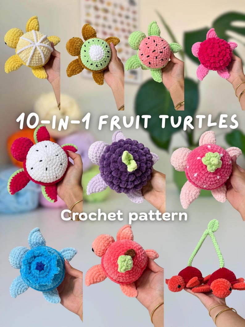 10-in-1 Fruit Turtle Crochet Pattern | Amigurumi PDF Tutorial | Kawaii Food Plushies | Watermelon, Strawberry, Grape + More image 1