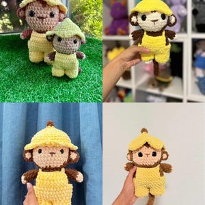 May include: Crocheted monkey dolls in various poses. The dolls are brown and beige with yellow overalls and hats. The dolls are handmade and have a whimsical design. The background includes green grass and a shelf with other plush toys.