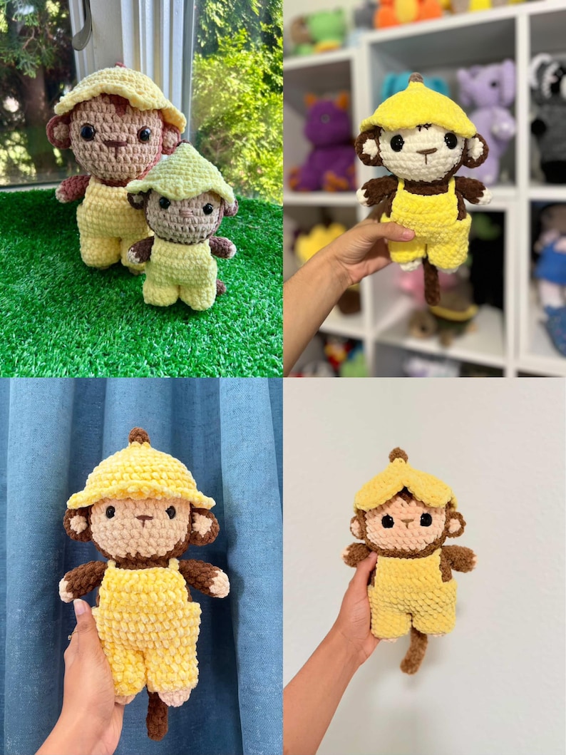 May include: Crocheted monkey dolls in various poses. The dolls are brown and beige with yellow overalls and hats. The dolls are handmade and have a whimsical design. The background includes green grass and a shelf with other plush toys.
