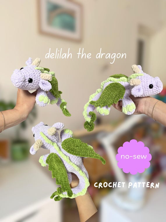Delilah the Dragon Crochet Pattern | Cute No-Sew Amigurumi Plushie Laying Dragon Mythical Animal Tutorial Download