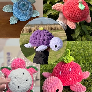 May include: Four crocheted turtle plushies in different colors and designs. The turtles are made with a fuzzy yarn and have different colored shells. One turtle is blue, one is purple, one is pink with a white shell, and one is pink with a green top.