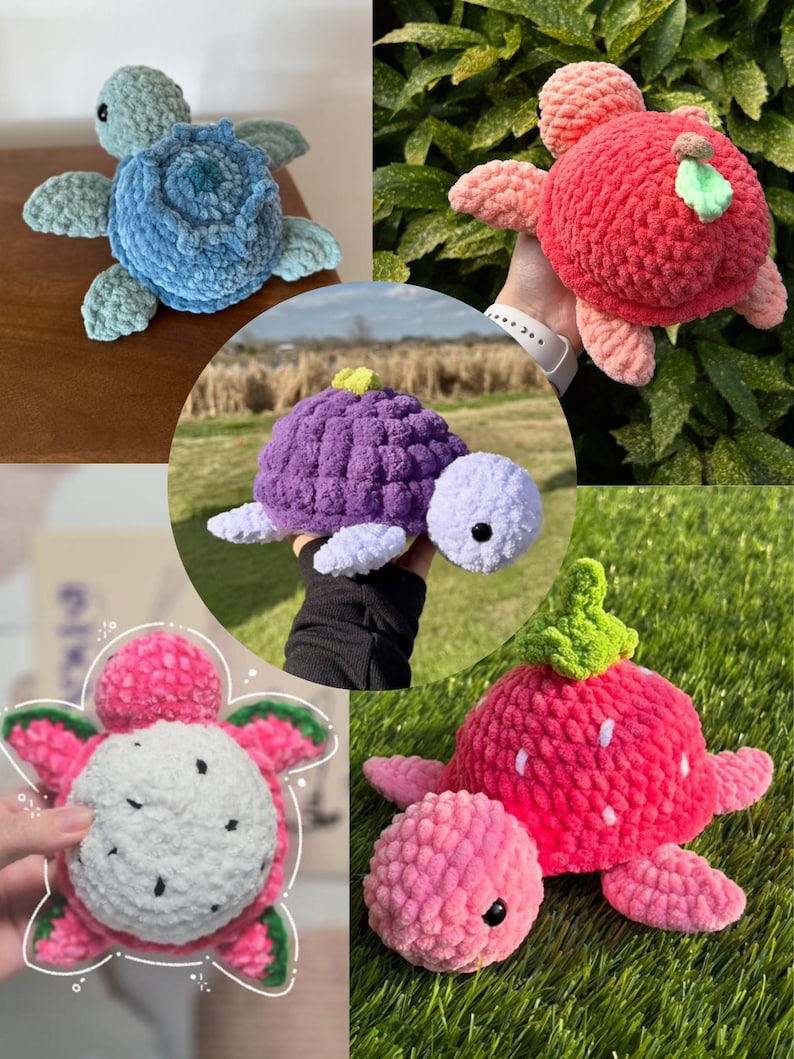 May include: Four crocheted turtle plushies in different colors and designs. The turtles are made with a fuzzy yarn and have different colored shells. One turtle is blue, one is purple, one is pink with a white shell, and one is pink with a green top.