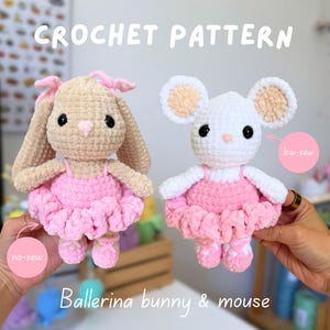 Low-Sew Ballerina Bunny & Mouse 2-in-1 Crochet Pattern | Amigurumi PDF Tutorial | Cute Animal Friends Plush Toy Pattern Download