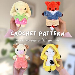 4-in-1 No-Sew Chubby Outfit Animals Crochet Pattern | Amigurumi Bunny, Cow, Fox, and Calico Cat Plushies Digital Tutorial Download Bundle