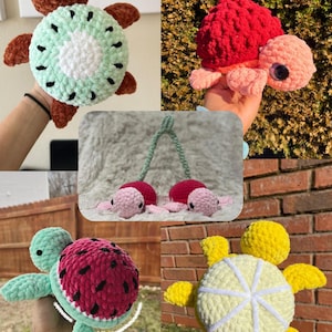 May include: Four crocheted turtle toys with different fruit designs. The turtles are made with soft, fuzzy yarn and have detailed features. The fruit designs include kiwi, watermelon, lemon, and cherry.