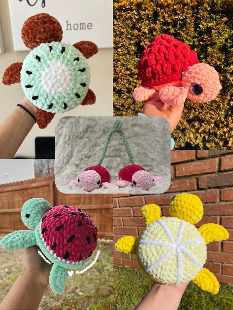 May include: Four crocheted turtle toys with different fruit designs. The turtles are made with soft, fuzzy yarn and have detailed features. The fruit designs include kiwi, watermelon, lemon, and cherry.