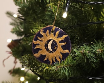 Hand Painted 1990s Inspired Whimsigoth Sun and Moon Wood Ornament