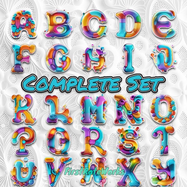 Colorful Glass Bubble Lettering - Complete Alphabet Set | Glass Bubble Font Glass Typeface | Vibrant Text Bubble Letters - Set of 26 PNG JPG