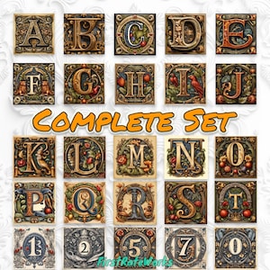 Medieval Font Lettering - Complete Alphabet & Numbers Set | Old English Typeface | Antique Book Text - Set of 36 Digital Downloads Jpeg