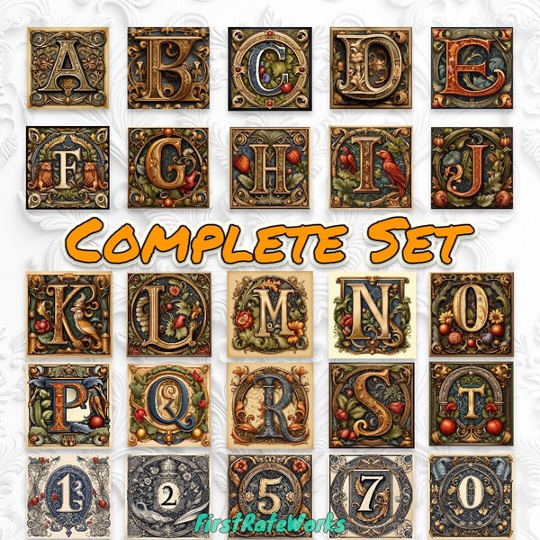 Medieval Font Lettering - Complete Alphabet & Numbers Set | Old English Typeface | Antique Book Text - Set of 36 Digital Downloads Jpeg
