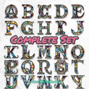 May include: A complete alphabet set of stained glass letters in a variety of colors, including blue, green, red, yellow, and orange. The letters are outlined in black and have a vintage style.