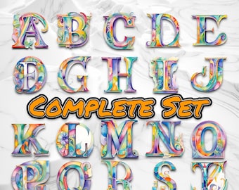 Watercolor Font Lettering - Complete Alphabet Set | Colorful English Typeface | Book Text Watercolor Painting - Set of 26 Capital Letter PNG