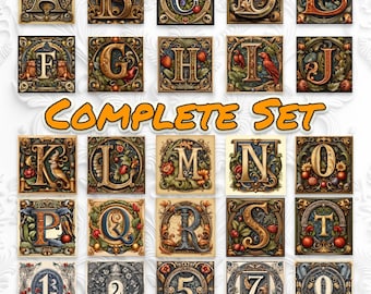 Medieval Font Lettering - Complete Alphabet & Numbers Set | Old English Typeface | Antique Book Text - Set of 36 Digital Downloads Jpeg