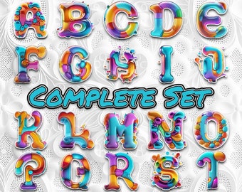 Colorful Glass Bubble Lettering - Complete Alphabet Set | Glass Bubble Font Glass Typeface | Vibrant Text Bubble Letters - Set of 26 PNG JPG