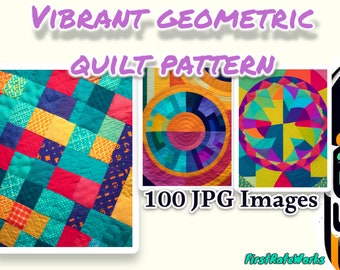 Geometric Quilt Patterns - Vibrant Patchwork Quilt Graphics - Retro Colorful Blanket Art | Set of 100 Digital Downloads