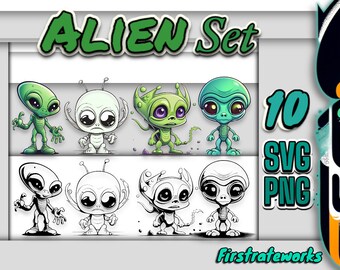 Alien Clipart - SVG and PNG Files | 10 Digital Download Files | Aliens Cut Svg | Alien Vector