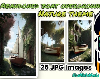 Shipwrecked Wooden Boats - Nature Reclaimed Sailboat | Antique Ship Painting | Nautical Art - Set of 25 Digital Downloads