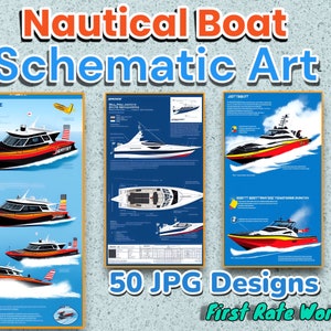 Jet Boat Blaupause Kunst | Rennboot Schematische Karte | Maritime Wandkunst | Set mit 50 digitalen Downloads