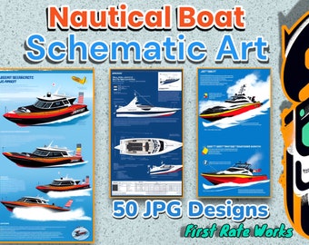 Jet Boat Blaupause Kunst | Rennboot Schematische Karte | Maritime Wandkunst | Set mit 50 digitalen Downloads