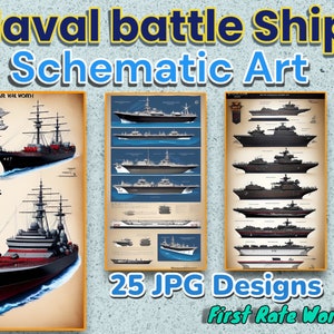 Kriegsschiff Blueprint Landkarte - Marine Schiff Schematische Karte | Druckbare Wandkunst digitaler Download | 25er Set
